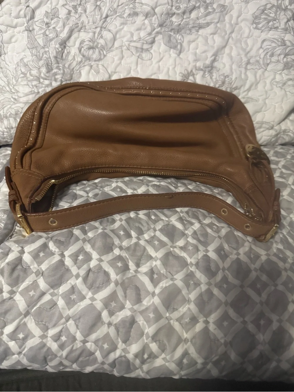 Michael Kors Cognac Leather Shoulder Bag with Gold MK Charm
